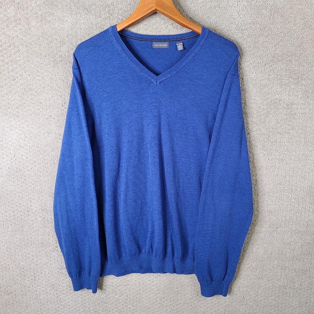 Van Heusen Sweater Mens XL Blue V-Neck‎ Long Sleeve Cotton Blend Pullover